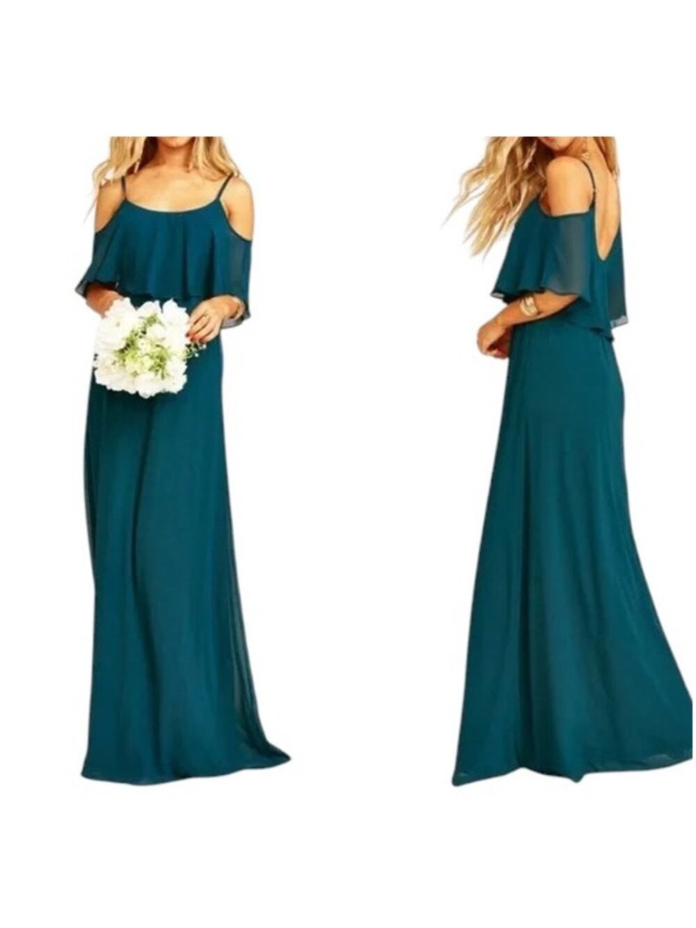 Show Me Your Mumu Caitlin Ruffle Maxi Dress Deep Jade Chiffon Size Medium
